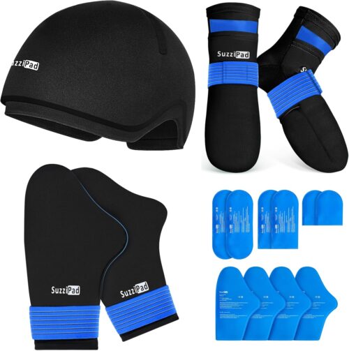SuzziPad Ice Pack Stress Relief Cap & Cooling Socks & Cold Gloves for Chemotherapy Neuropathy, Comfort Items for Chemo Patients, Smoothe discomfort for feet, Head and Hand, S/M