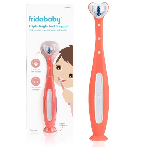 Frida Baby Triple-Angle Toothhugger Training Toddler Toothbrush, Easter Basket Stuffer for Kids, Toddler Toothbrush 2+, Soft Bristles, Suction Cups, Three Sided, Cleans All Sides at Once, Pink