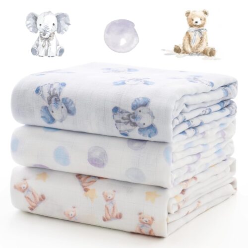 Momcozy Muslin Best Wishes Swaddle Blankets, Ultra Soft Neutral Registry Essentials, Whispering Bears & Elephants, Breathable Large 47” x 47” Newborn Boys Girls Receiving Blanket