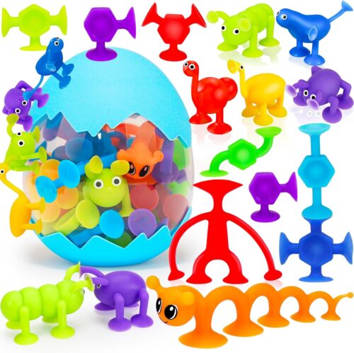 32 PCS Suction Cup Toys Kids Bath Toy Party Favor Goody Prize Easter Stuffer Gift for 2+ 3 4 5 6 Year Old Boy Girl Toddler Travel Toy Sensory Fidget Dinosaur Window Toy with Eggshell Storage