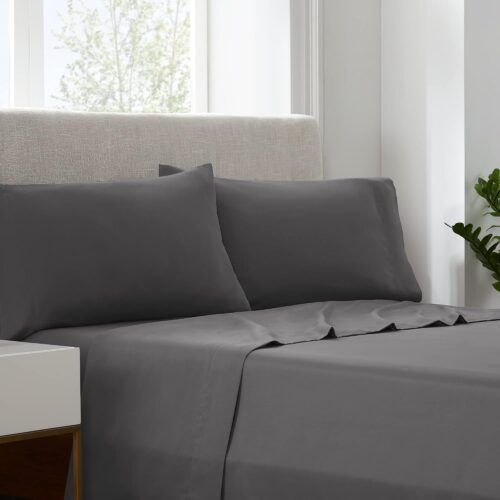 Serta Simply Clean Super Soft Hypoallergenic Stain Resistant Deep Pocket 3 Pieces Solid Bed Sheet Set, Twin XL, Grey