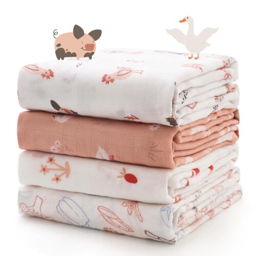 Momcozy Muslin Best Wishes Swaddle Blankets, Ultra Soft Neutral Registry Essentials, Pasture Pals & Pumpkin Dreams, Breathable Large 47” x 47” Newborn Boys Girls Receiving Blanket