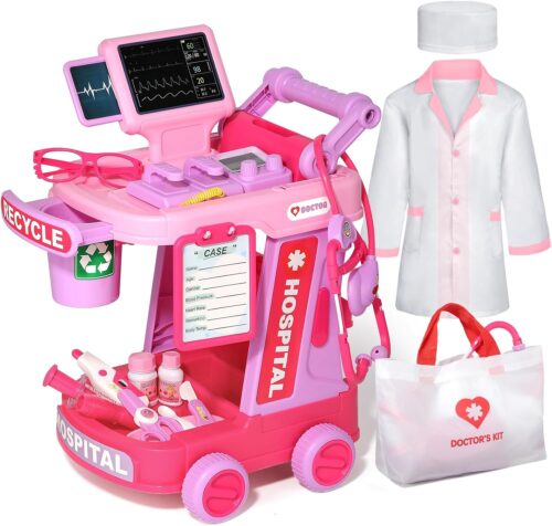 Doctor Kit for Toddlers Aged 3 4 5, Pretend Doctor Playset for Kids with Bag, Costume and Stethoscope, Doctor Cart Toy for Girls Boys Birthday (Pink)