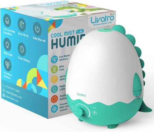 Humidifiers for Baby with Diffuser, Ultrasonic Quiet Air Kids Humidifier for Bedroom Nursery with Night Light, Timer, and Auto-Shut Off, Last up to 40Hours, BPA FREE, Dinosaur with Fun Stickers