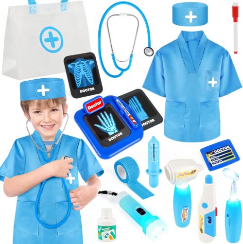 Doctor Kit for Kids,17 Pcs Kids Doctor Kit for Toddlers 3-5, Kids Doctors Play Set with Medical Bag and Dress Up Costume, Pretend Play Toys for Boys Girls Halloween Christmas Birthday Gifts