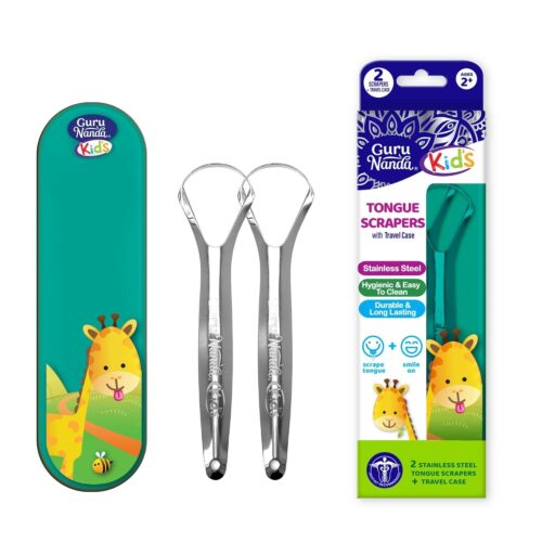GuruNanda Kids Tongue Scraper (2-Pack) with Travel Case, Stainless Steel, Aids in Fresh Breath – Travel-Friendly Tongue Cleaner (Green/Pink/Orange)