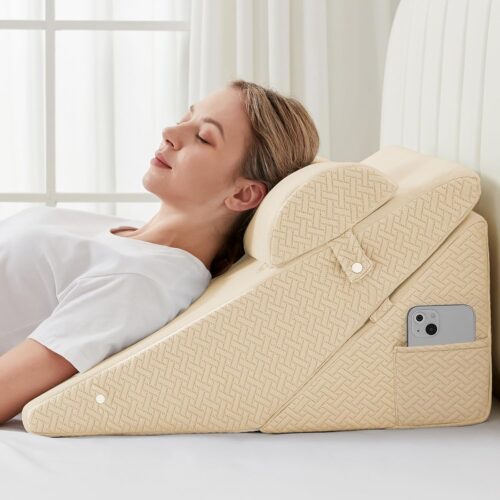 Sasttie Wedge Pillow for Headboard, Adjustable Bed Wedge Pillow Set with Orthopedic Memory Foam Neck Cushion – for Acid Reflux, Neck & Back Support, and Post-Surgery Recovery, Beige