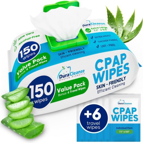 CPAP Mask Wipes – 150 Count Jumbo Pack + 6 Travel Wipes – DuraCleanse Extra Large, Extra Moist Cleaning Wipes for Full Face, Nasal Masks – Unscented Cleaner for CPAP Machine, Supplies and Accessories