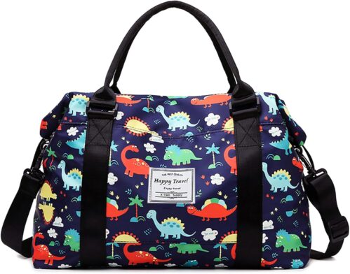 Travel Duffle Bag Weekender Overnight Gym Tote with Dry and Wet Separated Pocket for Women Girls Shoulder Bag Workout Water Resistant (cute dinosaurs)