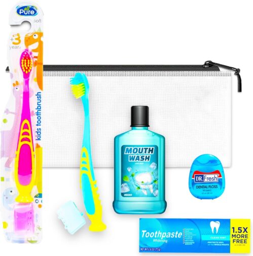 Oral Care Travel Kit – Bundle with Toothbrush, 2 Floss Packs, Cavity Protection Toothpaste, Mouthwash, Travel Bag, and More | TSA Friendly Set