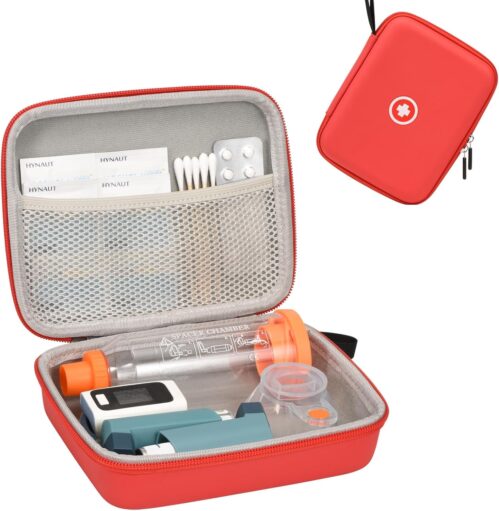 Hard Travel Case for Asthma Inhaler, Inhaler Spacer Case for Kids and Adults, Masks, Asthma Accessories Case with Mesh Pocket for Medicine and Other Accessories, Red (Case Only)