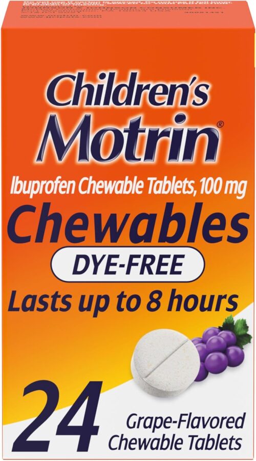 Motrin Children’s Dye-Free Ibuprofen Chewable Tablets for Pain & Fever, Grape, 24 Count