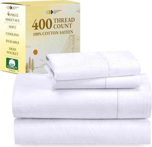 California Design Den 100% Cotton Sheets – 400 Thread Count Sateen Bed Sheets Queen Size Bed Set with Deep Pockets, Cool and Durable Bedding Set – White
