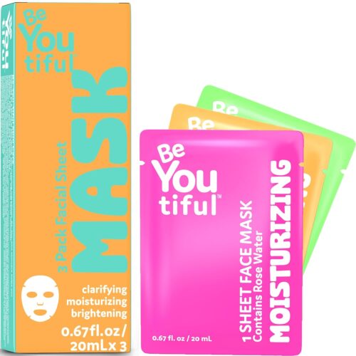BeYoutiful Hydrating Face Mask Spa Set For Kids and Teens, Skin Care Facial Mask Set for All Skin Types and Ages, Boy and Girls, 3 Masks per Box
