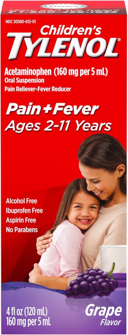 Tylenol Children’s Liquid Oral Suspension Medicine, Acetaminophen Pain Reliever & Fever Reducer for Cold + Flu Symptoms & Sore Throat, Aspirin-, Ibuprofen- & Alcohol- Free, Grape, 4 fl. oz