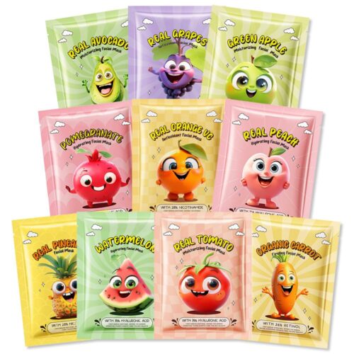 Kaely 10 Pack Fruit Face Masks for Kids, Spa Party Facial Mask Skincare Set, Sheet Masks Skin Care, Moisturize Soothe for All Skin Types, Christmas Birthday Gifts for Women Men Girls, 01