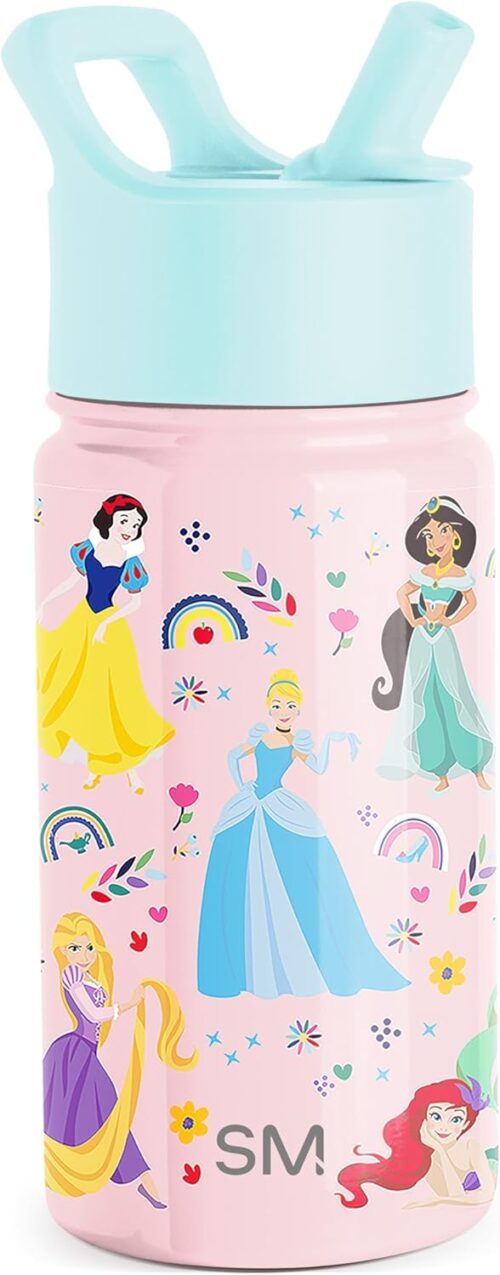 Simple Modern Disney Princess Kids Water Bottle with Straw Lid | Reusable Insulated Stainless Steel Cup for Girls, School | Summit Collection | 14oz, Princess Rainbows