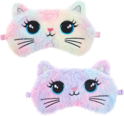 Sleep Mask for Kids, 2 Pcs Cute Cat Sleeping Eye Mask Colorful Soft Plush Girls Sleep Mask Comfortable Funny Animal Night Eye Masks for Sleeping Blindfold Eye Cover for Women Girls Home Travel