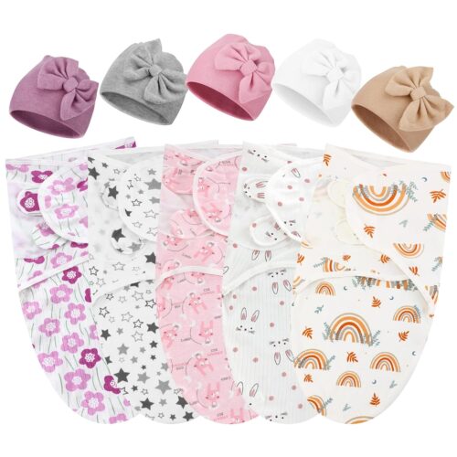 5 Pack Preemie Swaddle Blanket Wrap with Hat Set Cotton Preemie Baby Clothes Hat Receiving Blanket for 3-7 Lbs Newborn Boys Girls