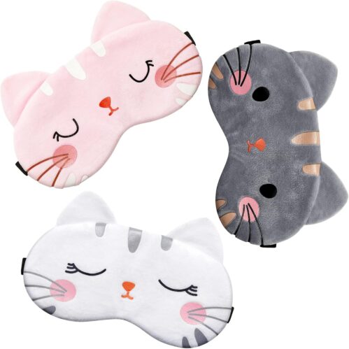 Haysandy Cute Eye Mask for Sleeping 3 Pieces Cartoon Dog Face Eye Cover Funny Animal Cat Sleeping Mask Soft Lightweight Night Sleep Kitty Blindfolds for Women Men Kids(Cat)