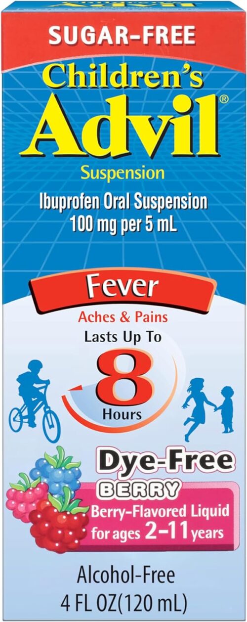 Children’s Advil Pain Reliever and Fever Reducer, Dye Free and Sugar Free Ibuprofen Oral Suspension, Berry Flavored – 4 Fl Oz