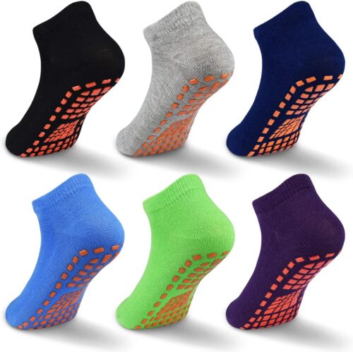 Non Slip Kids Socks- 6 Pairs Trampoline Anti-Skid Socks Sticky Grips Indoor Breathable Socks for Boys Girls Kids 2-13 Years