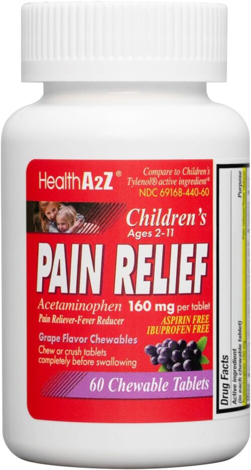 HealthA2Z® Children’s Chewable Pain Relief | Acetaminophen 160mg | 60 Chewable Tablets | Grape Flavor Chewables | Aspirin & Ibuprofen Free