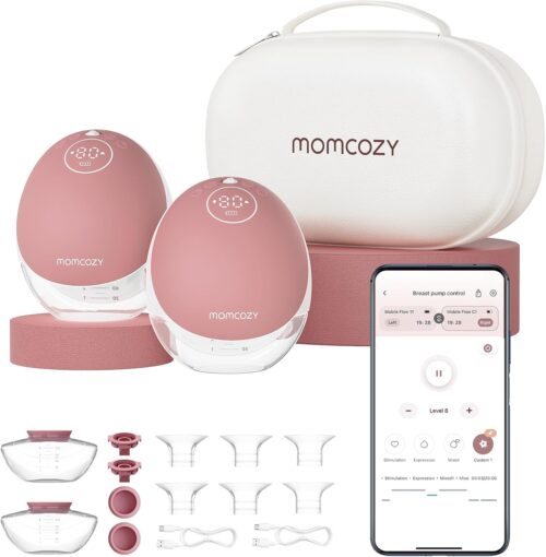 Momcozy Breast Pump Hands Free Upgraded Mobile Flow | M9, App Discreet Control with Personalized Multi-Modes & 15 Levels, Wearable Breast Pump 24mm, 2 Pack Cozy Red
