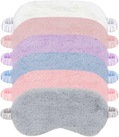 6 Pieces Plush Eye Mask Soft Fluffy Furry Sleeping Blindfold Comfortable Satin Back New Faux Fur Nap Eye Cover Light Sleep Eye Masks for Girls Women Kid Adult Party Eyeshade Favors (6 Colors)