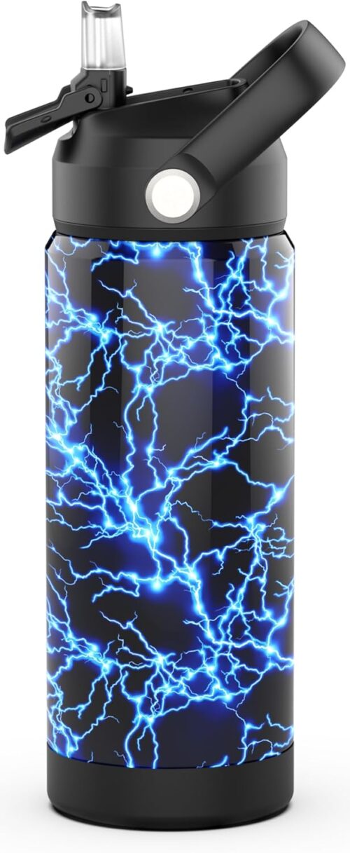 Boys Water Bottle with Straw,18oz Kids Insulated Cups with Stainless Steel Leak Proof for School Boys Girls（Lightning）