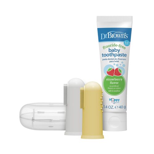 Dr. Brown’s 100% Silicone Baby Finger Toothbrush and Toothpaste Set, 2-Pack Toothbrush with Storage Case, Fluoride-Free Strawberry Toddler Toothpaste, Gray & Yellow