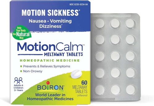 Boiron MotionCalm Relief for Nausea, Vomiting, or Dizziness associated with Motion Sickness Due to Travel, Amusement Rides, and Video Games or VR – Non-Drowsy – 60 Count
