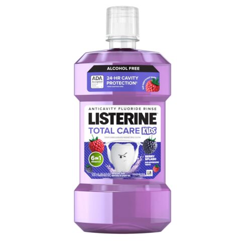 Listerine Total Care Kids Mouthwash, ADA Accepted, Alcohol-Free Anticavity Sodium Fluoride Mouthwash, Oral Rinse for Dental Cavity Protection, Berry Splash Flavor, 16.9 oz