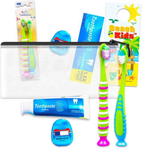 Oral Care Traveling Kit for Kids – Bundle with 2 Travel Toothbrushes, 1 Floss Pack, Toothpaste, Travel Bag, More | TSA Friendly Toothbrush Set for Boys and Girls