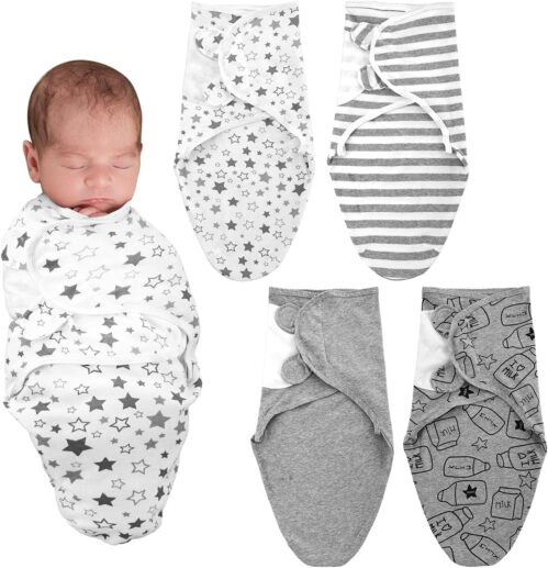Newwiee 4 Pcs Preemie Baby Swaddle Wrap Adjustable Cotton Preemie Swaddle Blanket for Newborn Boys Girls(Grey Stripe,Fit for Preemies)