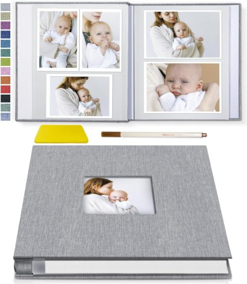 Popotop Photo Album Self Adhesive with Picture Display Window,40 Pages DIY Baby Memory Book for 4×6 8×10 Picture,Linen Cover Scrapbook for Wedding,with Scraper and Metallic Pen