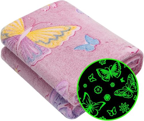 Glow in The Dark Blanket Butterfly Gifts for Kids Girls, Fuzzy Cozy Warm Soft Throw Blanket for Couch Bed Sofa, Girl Toys Butterfly Blankets for Teens Grandkids Unique Birthday Gifts 50″×60″