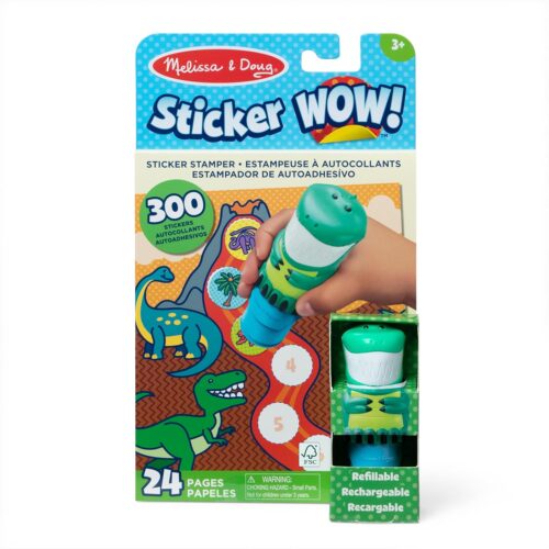 Melissa & Doug Sticker Wow!™ 24-Page Activity Pad and Sticker Stamper, 300 Stickers, Arts and Crafts Fidget Toy Collectible Character – Dinosaur Creative Play Travel Toy for Girls and Boys 3+,