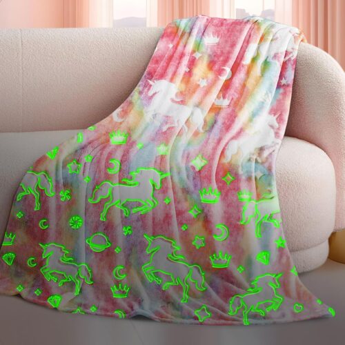 Glow in The Dark Blanket, Kids Throw Blanket for Girls Age 3-12, Soft Cozy Flannel Throw Birthday Bedroom Decor 50″×60″ Pink