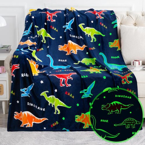 Jekeno Dinosaur Glow in The Dark Blanket Dino Throw for Kids Boys Girls Birthday Easter Decor for Age 1-14 Years Old Teens Child Toddler Son Throw Navy Blue 50″x60″