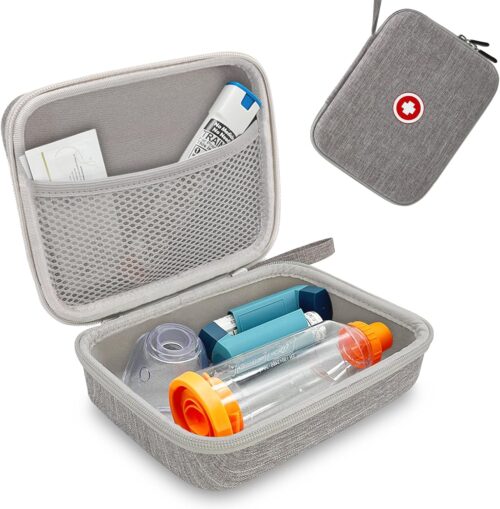 Hard Travel Case for Asthma Inhaler, Inhaler Spacer Case for Kids and Adults, Masks, Asthma Accessories Case with Mesh Pocket for Medicine and Other Accessories, Gray (Case Only)