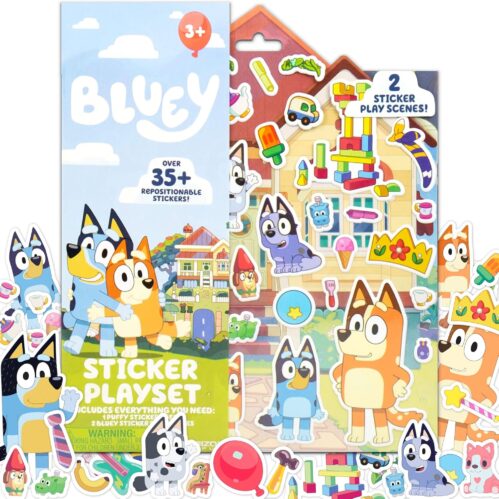 Horizon Group USA Bluey Sticker Playset, 2 Sticker Play Scenes, 35+ Reusable Puffy Bluey Repositionable Stickers for Kids, Perfect for Travel, Screen-Free Fun