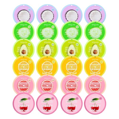 SpaLife Beauty Fruit Facial Sheet Masks 24 Pack – Face Masks Skincare Set – Hydrating Face Masks – 6 Natural Fruit Extract Formulas – Orange, Grapefruit, Strawberry, Cherry, Nectarine, Red Apple