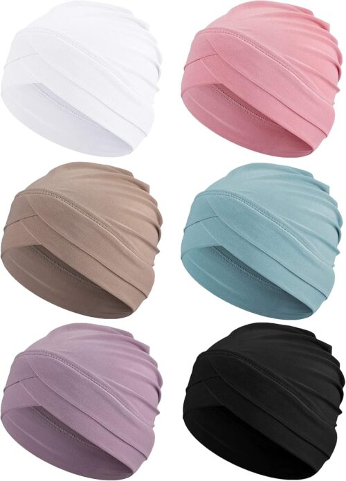 Coume 6 Pcs Women Turban Hats Cancer Headwear Cancer Sleep Cap Lightweight Stretchy Turban Head Wrap Headwear, 6 Color