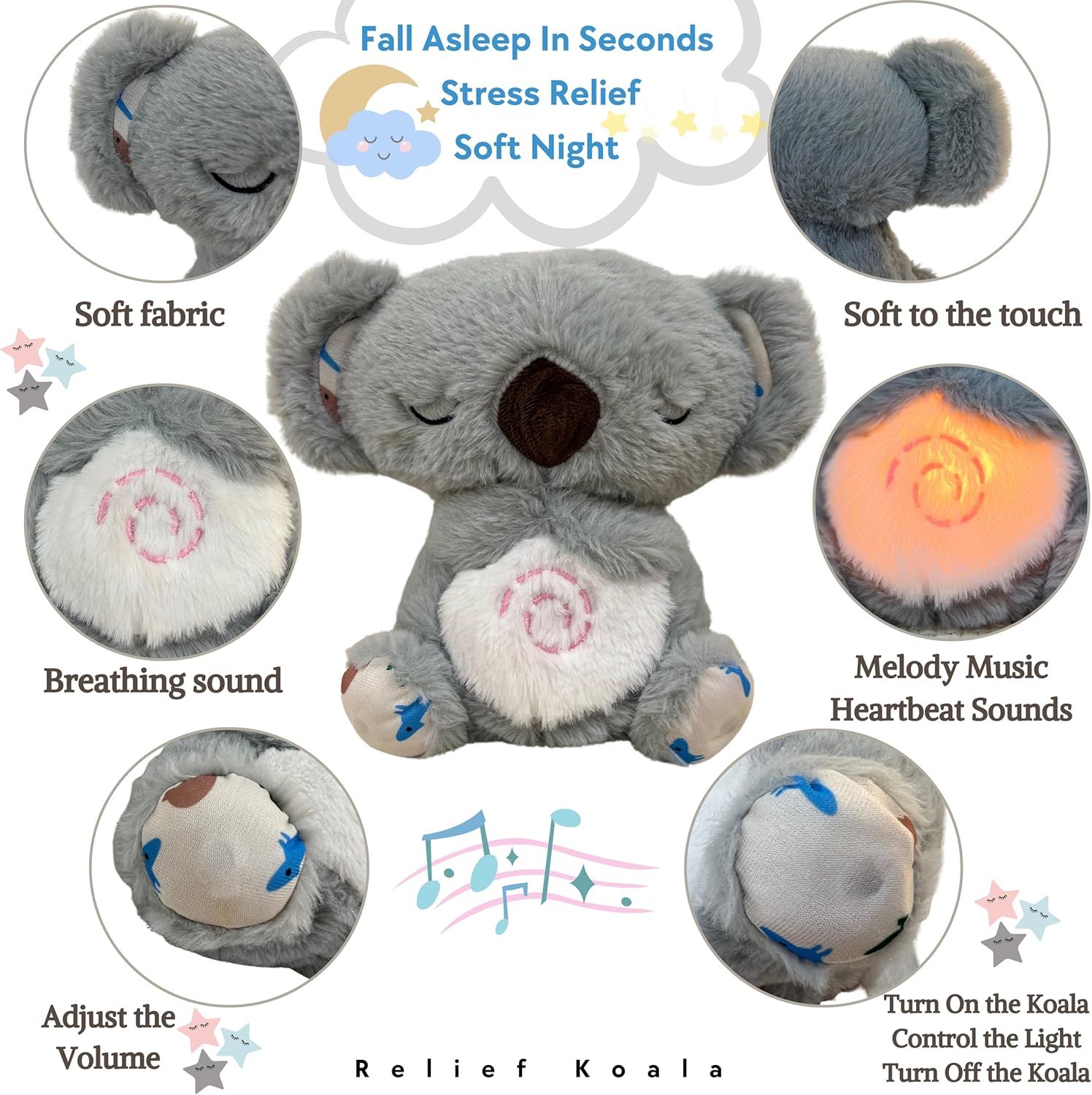 Anxiety Relief Koala, Breathing Teddy Bear with Calming Music, Lights, Sleeping Otter Plush, Soothing Koala for Adults & Kids, Stress Relief Stuffed Animal (3-Level Adjustable Volume) - Image 6