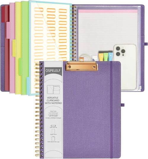 Ospelelf Foldable Spiral Clipboard Folio with Storage Zipper Pouch, 5 Plastic Folders with 10 Pockets,Refillable Lined Notepad (11″ x 8.5″), Hardcover Project Organizer with 39 Stickers (Purple)