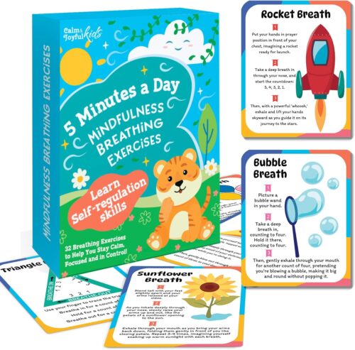 Breathing Cards for Kids – Mindfulness & Calming Corner Kit Must Haves, Yoga & Speech Therapy Materials, Special Education Classroom Office, Social Emotional Learning, Mindful Sensory Play Activities