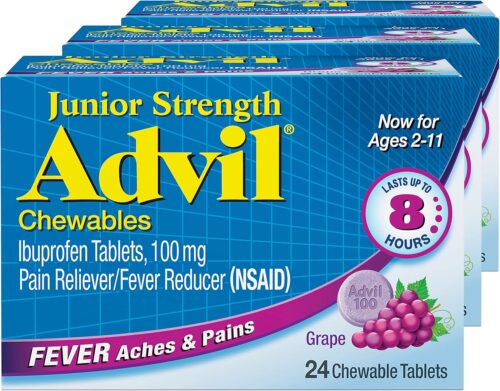 Advil Junior Strength Chewable Ibuprofen Pain Reliever and Fever Reducer, Children’s Ibuprofen for Pain Relief, Grape – 24 Tablets (Pack of 3)