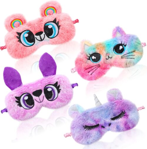 Haysandy 4 Pack Plush Sleep Eye Mask Sleeping Mask Cute Animal Eye Mask Soft Faux Fur Blindfold for Kids Girls and Adult Travel(Classic Style)