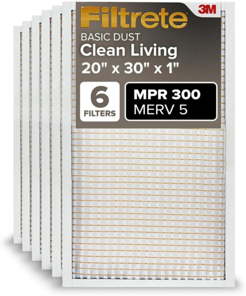 Filtrete 20x30x1 AC Furnace Air Filter, MERV 5, MPR 300, Capture Unwanted Particles, 3-Month Pleated 1-Inch Electrostatic Air Cleaning Filter, 6-Pack (Actual Size19.81×29.81×0.81 in)